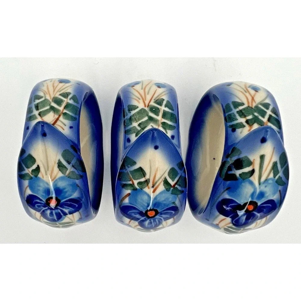 3 Kalich Poland Polish Hand Painted Napkin Rings Blue Floral Porcelain New